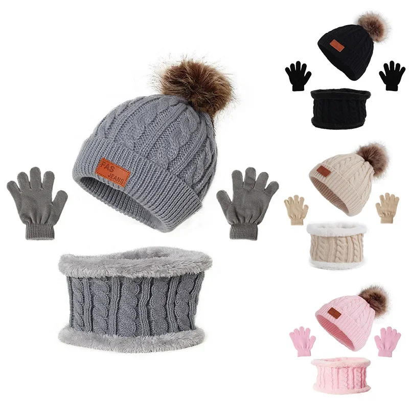 

3Pcs Winter Baby Hat Scarf Gloves Set Solid Color Toddler Bonnet Cute Pompom Knitted Hats Outdoor Warm Infant Accessories 1-5Y