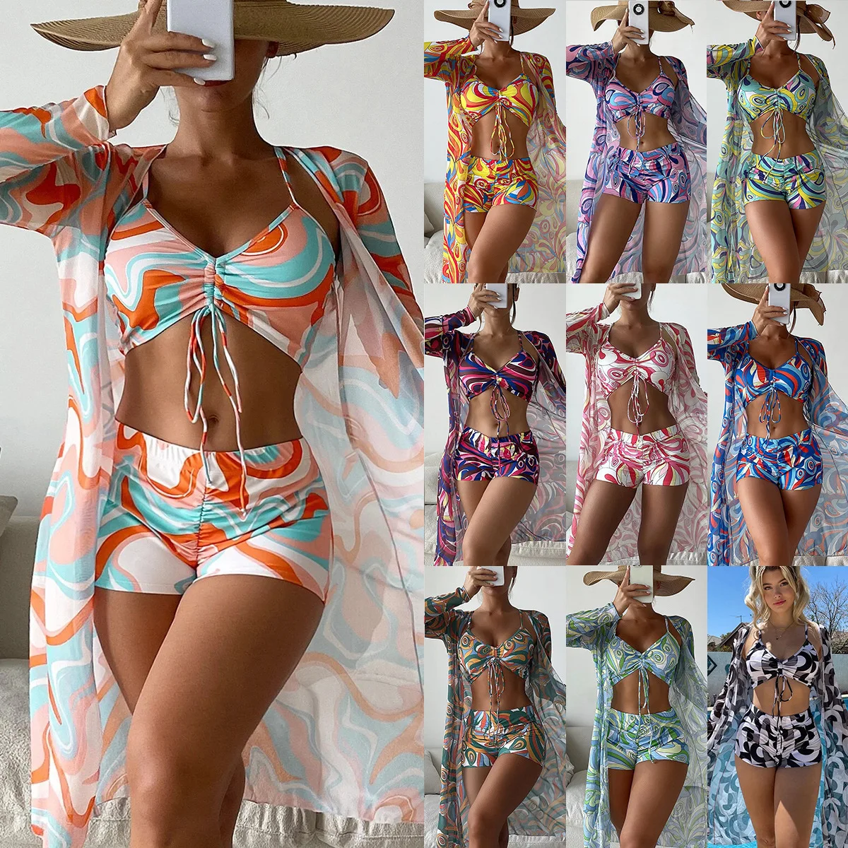 

Комплект бикини женский летний из 3 предметов, пикантный купальник с цветочным принтом, с заниженной талией, Бразильская пляжная одежда
