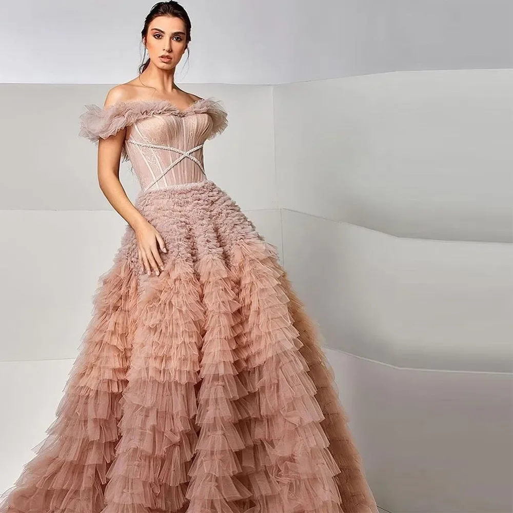 Tiered Ruffles Tulle Evening Dresses Off The Shoulder Pleat Ruched A-Line Saudi Arabic Prom Dress Wedding Party Gown 2023
Tiered Ruffles Tulle Evening Dresses Off The Shoulder Pleat Ruched A-Line Saudi Arabic Prom Dress Wedding Party Gown 2023