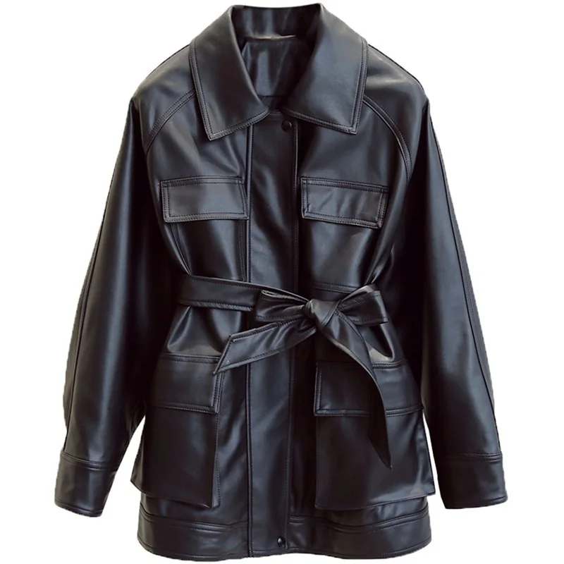 Slim PU Coats Women Faux Leather Jackets Vintage Motor Biker Jackets Elegant Tie Belt Waist Pockets Buttons Coats
Slim PU Coats Women Faux Leather Jackets Vintage Motor Biker Jackets Elegant Tie Belt Waist Pockets Buttons Coats