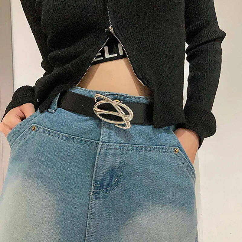 

Ремень из искусственной кожи с металлической пряжкой для мужчин и женщин, корейский винтажный черный пояс в стиле панк для джинсов и брюк, аксессуары Y2K