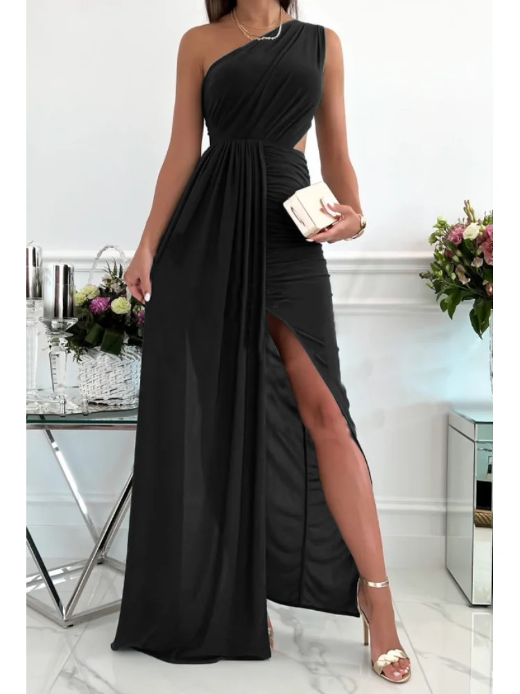 

2023 New In Sleeveless Summer Dress Slanted Shoulder Skirt Hollow Out Slit Asymmetrical Female Dress Elegant Dress for Women