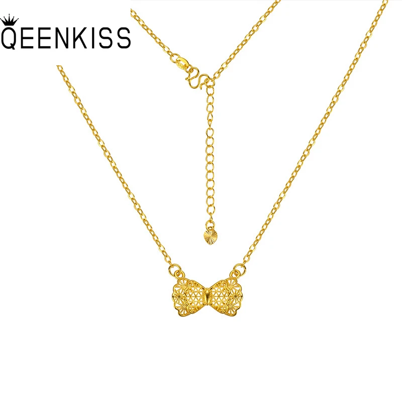 

QEENKISS NC5317 Fine Jewelry Wholesale Fashion Woman Girl Bride Party Birthday Wedding Gift Hollow Bowknot 24KT Gold Necklace