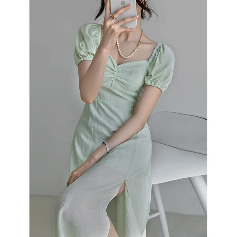 Summer Puff Sleeve Split Women Dress Square Collar High Waist Short Sleeve A-line Sexy Green Long Party Dresses For Lady 2022
Summer Puff Sleeve Split Women Dress Square Collar High Waist Short Sleeve A-line Sexy Green Long Party Dresses For Lady 2022