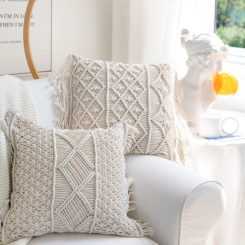 

Cushion Covers 100% Cotton Linen Hand-woven Macrame Thread Pillow Cover Geometry Bohemia Style Pillowcase Home Decor 45x45cm