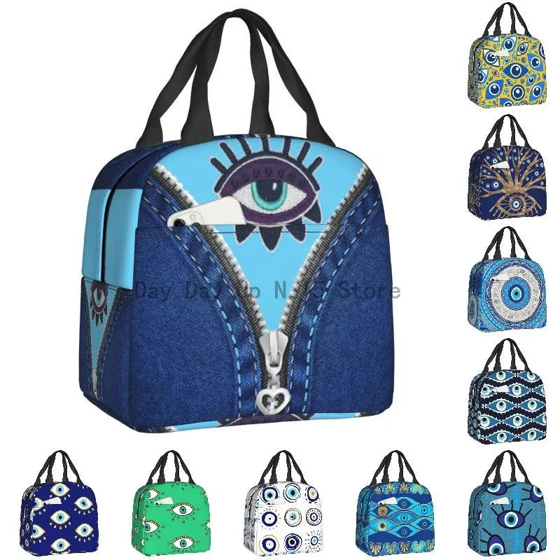 

Evil Eye Zippered Jeans Insulated Lunch Bag for Women Portable Bohemian Amulet Thermal Cooler Lunch Box Office Work School