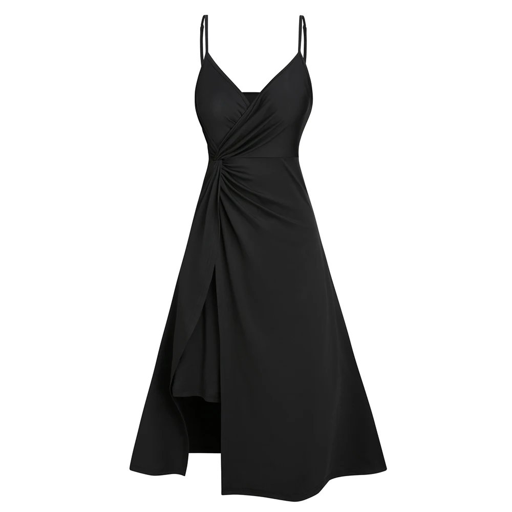 

Women's Summer Sleeveless Dress Plain Color A Line Midi Casual Dressr Twisted Slit Plunging Spaghetti Strap High Waist Dress