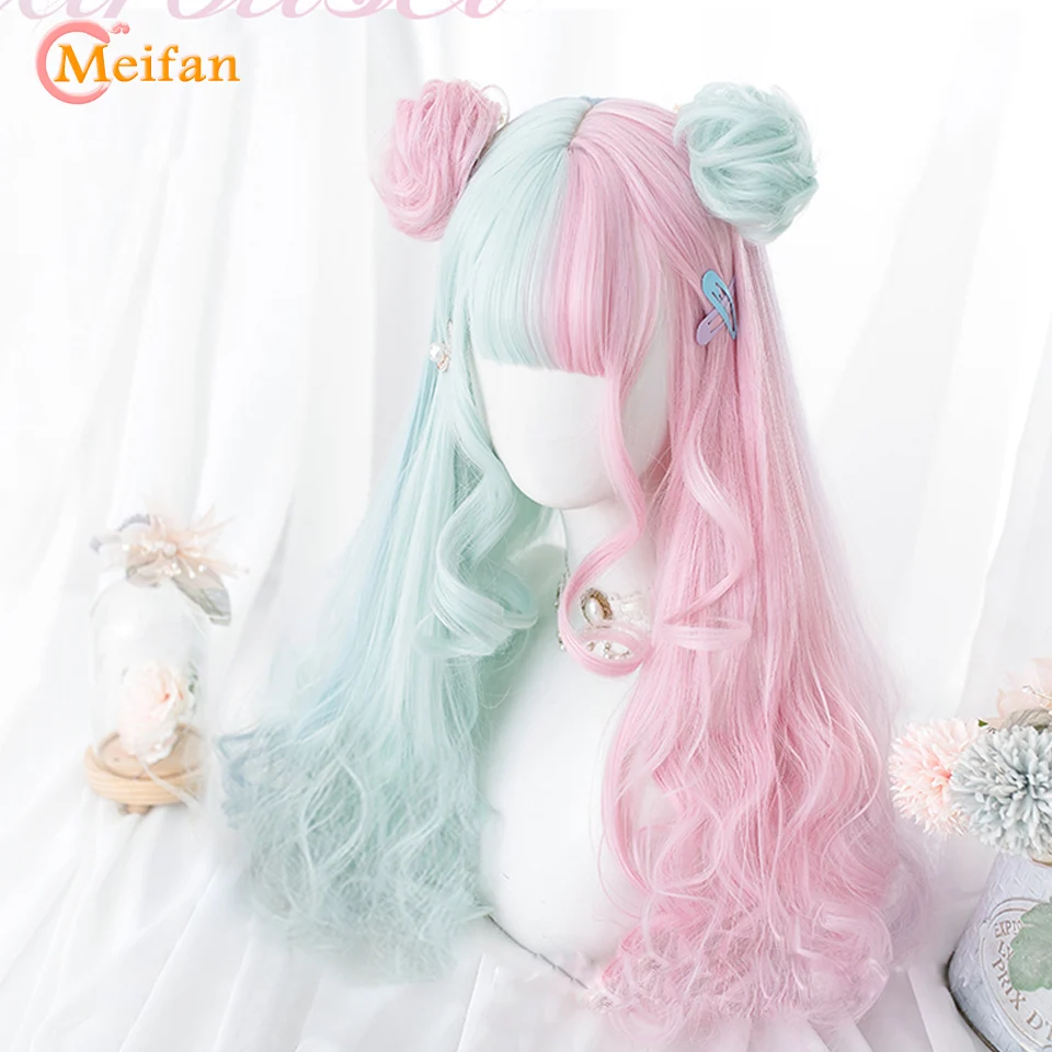 

MEIFAN Synthetic Long Wavy Curly Lolita Wigs Blonde Pink Ombre Wigs With Bangs For Women Daily Fashion Cosplay Party Wigs