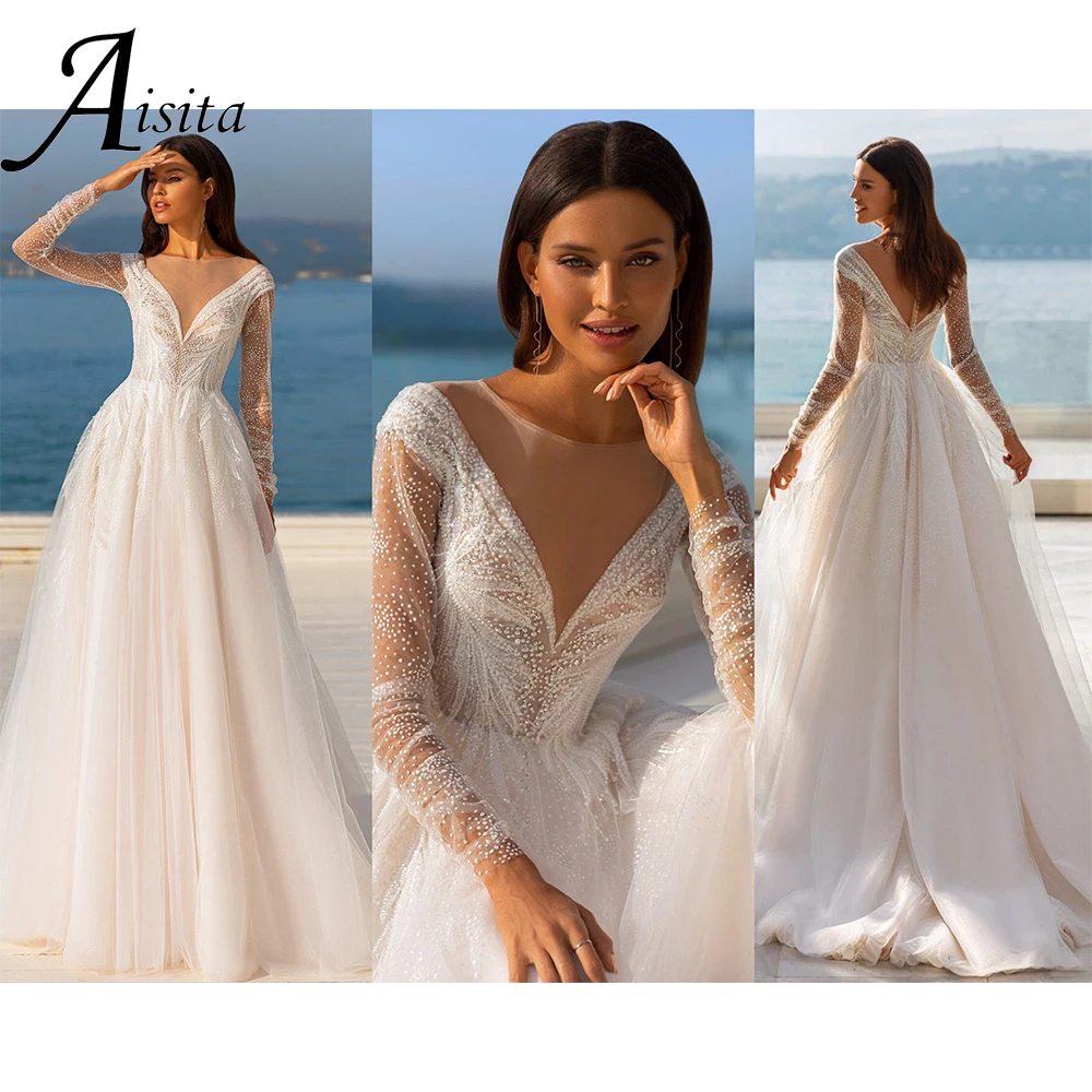 New A Line Bride Dresses Romantic Glitter V Neck Wedding Dress Appliques Long Sleeves Sequins Beads Dresses Vestidos De Novia
New A Line Bride Dresses Romantic Glitter V Neck Wedding Dress Appliques Long Sleeves Sequins Beads Dresses Vestidos De Novia