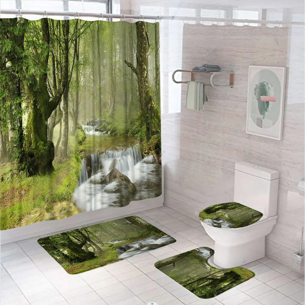 

Misty Forest Waterfall Shower Curtain Set Nature Scenery Stream Bathroom Curtains Non-Slip Doormat Bath Mat Rug Toilet Lid Cover