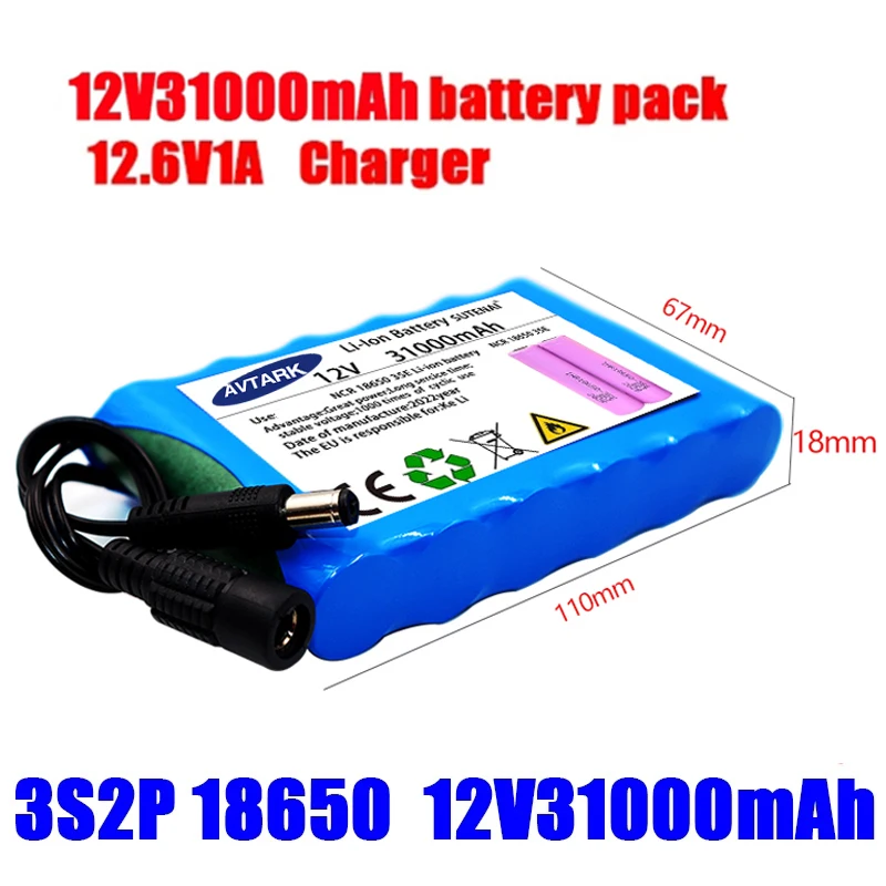 18650 Rechargeable Battery 12V 31000mah Lithium Battery Pack Capacity DC 12.6V 31Ah CCTV Cam Monitor with Charger
18650 Rechargeable Battery 12V 31000mah Lithium Battery Pack Capacity DC 12.6V 31Ah CCTV Cam Monitor with Charger