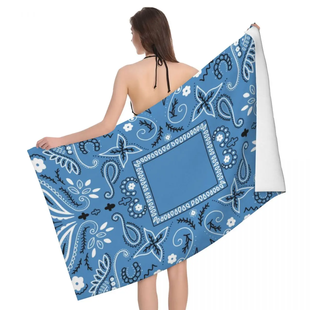 

Blue Paisley Bandana Pattern Super Soft Microfiber Bath Beach Towel Quick Dry Boho Bohemian Floral Texture Shower Sauna Towels