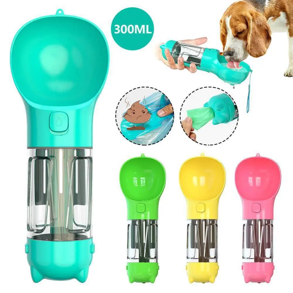 

300Ml Portable Multifunction Dog Water Bottle Food Feeder for Big Dogs 3-in-1 Poop Dispenser Puppy Pet Travel Drinking Bowls