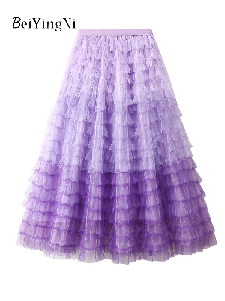 

Beiyingni Long Pleated Tutu Skirts Women Gradient Color Elegant French Fashion Tiered Maxi Skirt for Ladies Vintage Casual Falda