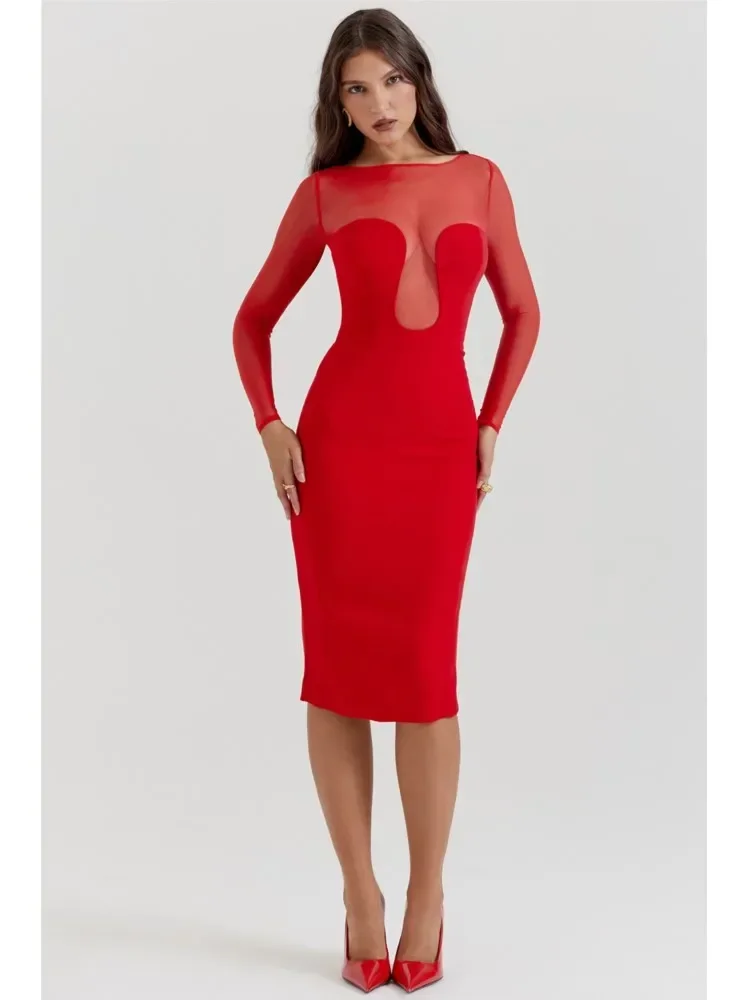 Sexy See Through Tulle Patchwork Women Midi Dress Red O-neck Long Sleeve Bodycon Dresses Female Chic Solid Christmas Party Robes
Sexy See Through Tulle Patchwork Women Midi Dress Red O-neck Long Sleeve Bodycon Dresses Female Chic Solid Christmas Party Robes