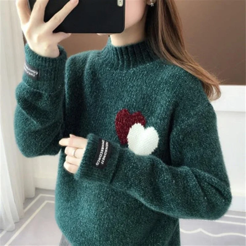 Women's Autumn Winter Sweater Loose Thick Pullover Female Love Heart Embroidery Sweaters Turtleneck Knitwear Lazy Knitted Jumper
Women's Autumn Winter Sweater Loose Thick Pullover Female Love Heart Embroidery Sweaters Turtleneck Knitwear Lazy Knitted Jumper