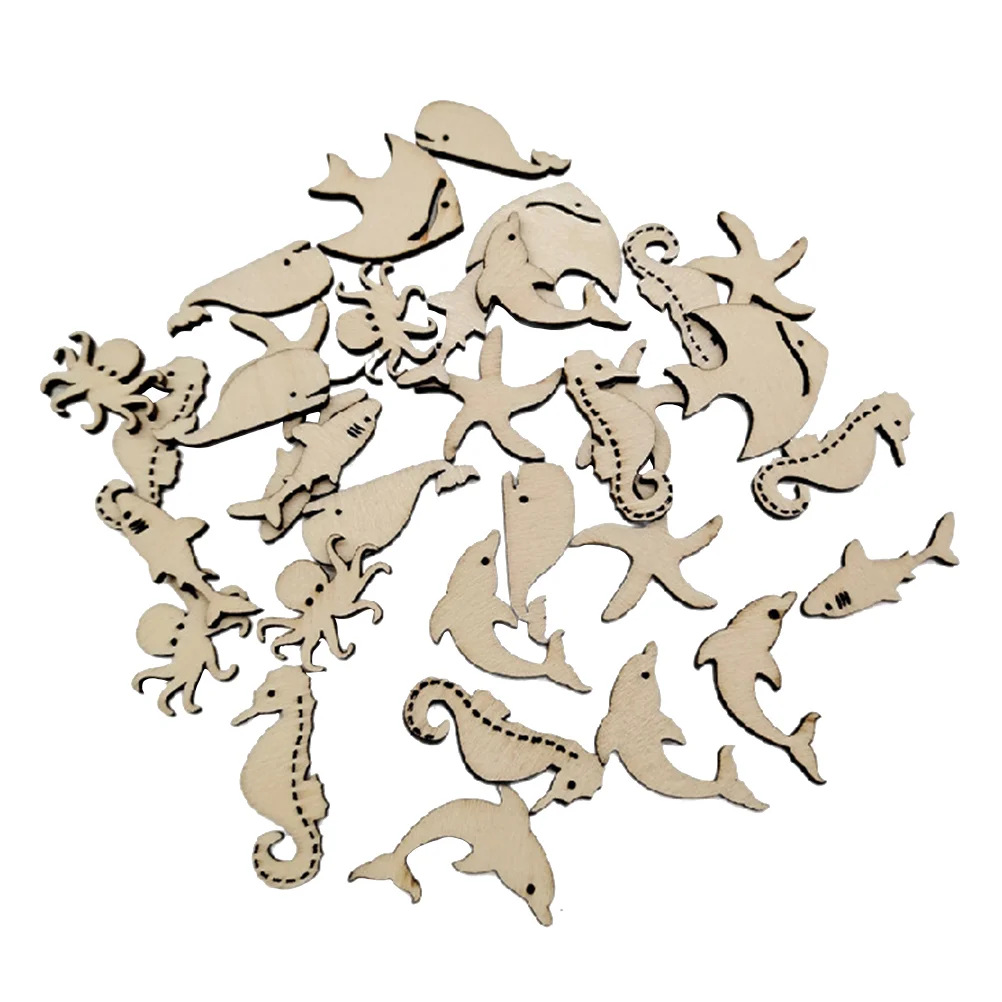 

50 Pcs Marine Animal Wood Chips Unfinished Slice Ocean Animals Cutout Decoration Craft Kids Hand Manual Painting