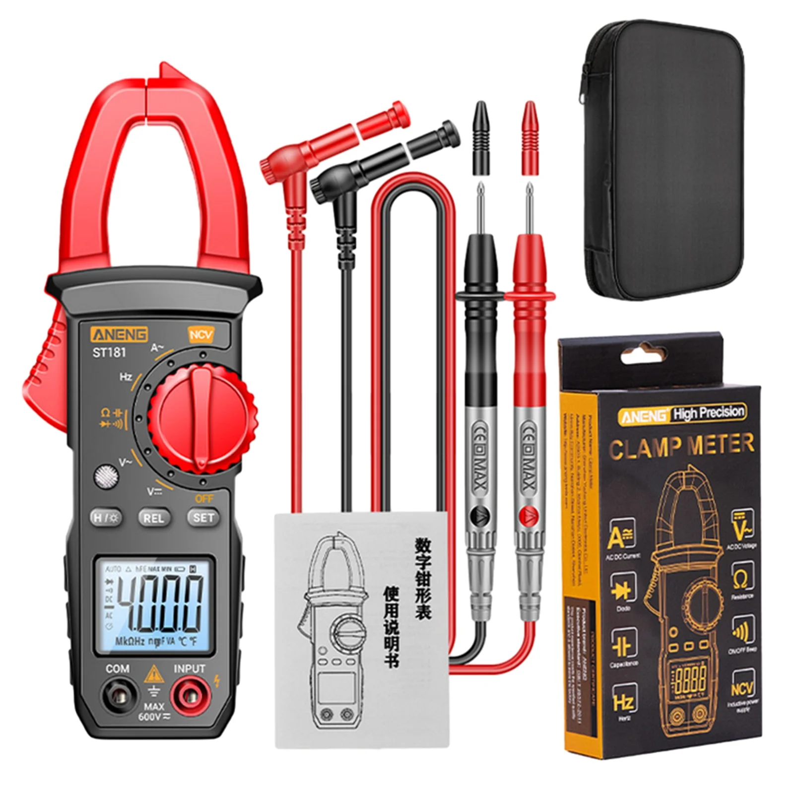 ANENG ST181 Digital Clamp Meter DC/AC Current 4000 Counts Multimeter Ammeter Voltage Tester Car Amp Hz Capacitance NCV Ohm Test
ANENG ST181 Digital Clamp Meter DC/AC Current 4000 Counts Multimeter Ammeter Voltage Tester Car Amp Hz Capacitance NCV Ohm Test