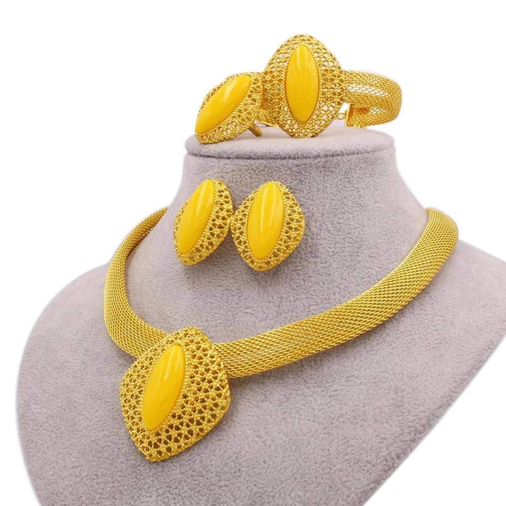

Africa 24k Gold Jewelry Set For Women Dubai Bride Necklace Bracelet Earring Ring Wedding Four Piece Set India Thailand