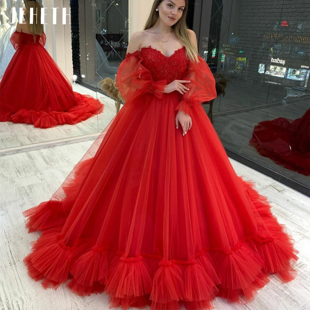 

Luxury Strapless Glamorous Red Prom Dress Sweetheart Neck With Lace Appliques Tulle Puffy Sleeves Prom Gowns Lace Up Back