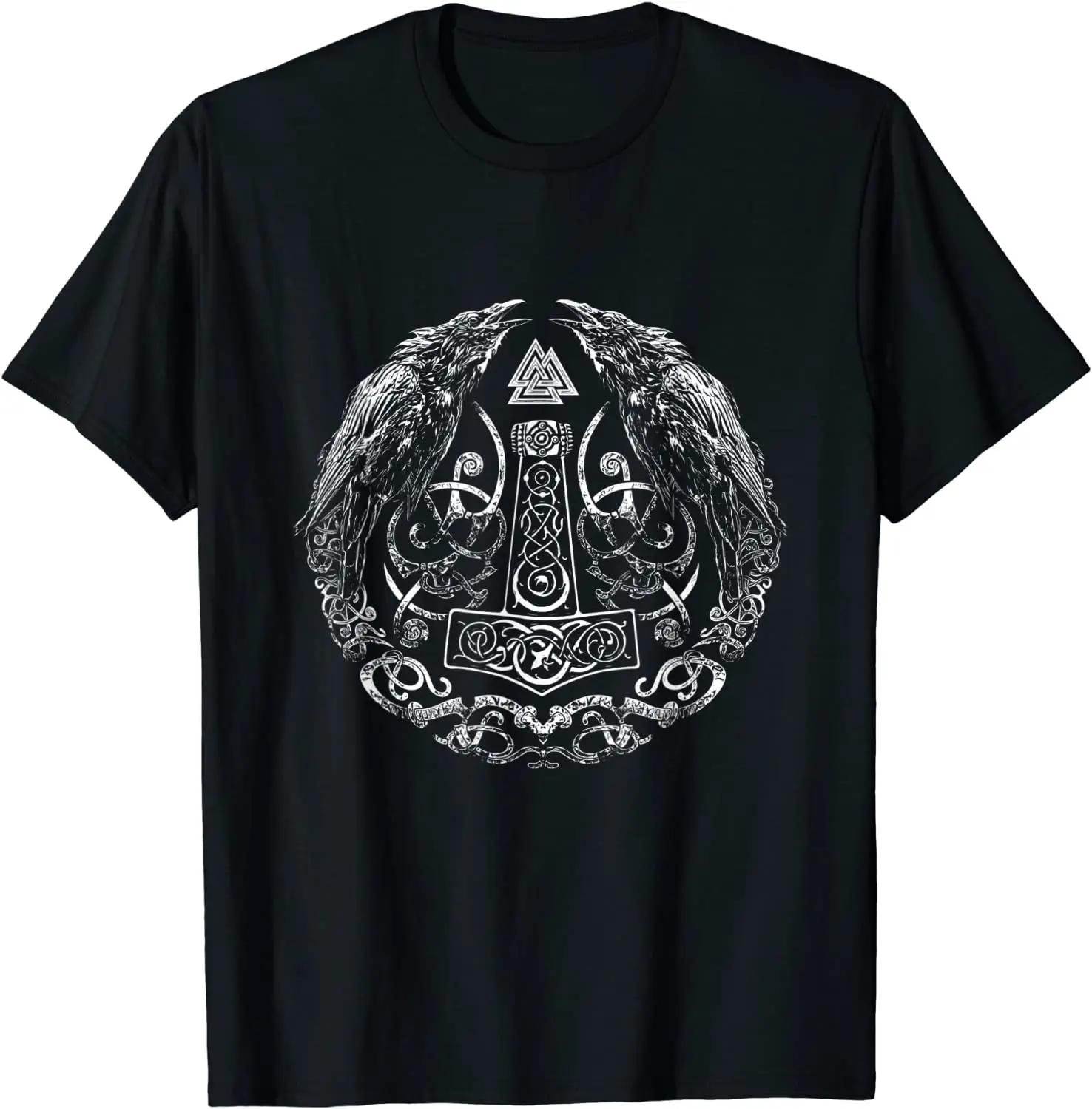 

Odins Raven Huginn and Muninn with A Thor Hammer - Viking T-Shirt Short Sleeve Casual 100% Cotton O-Neck Harajuku T Shirt