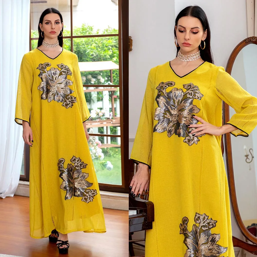 Luxury Sequins Embroidered Abaya Dress For Women Moroccan Kaftan Turkey Arabic Jalabiya Yellow Islamic Ethnic Robe Evening Gown
Luxury Sequins Embroidered Abaya Dress For Women Moroccan Kaftan Turkey Arabic Jalabiya Yellow Islamic Ethnic Robe Evening Gown