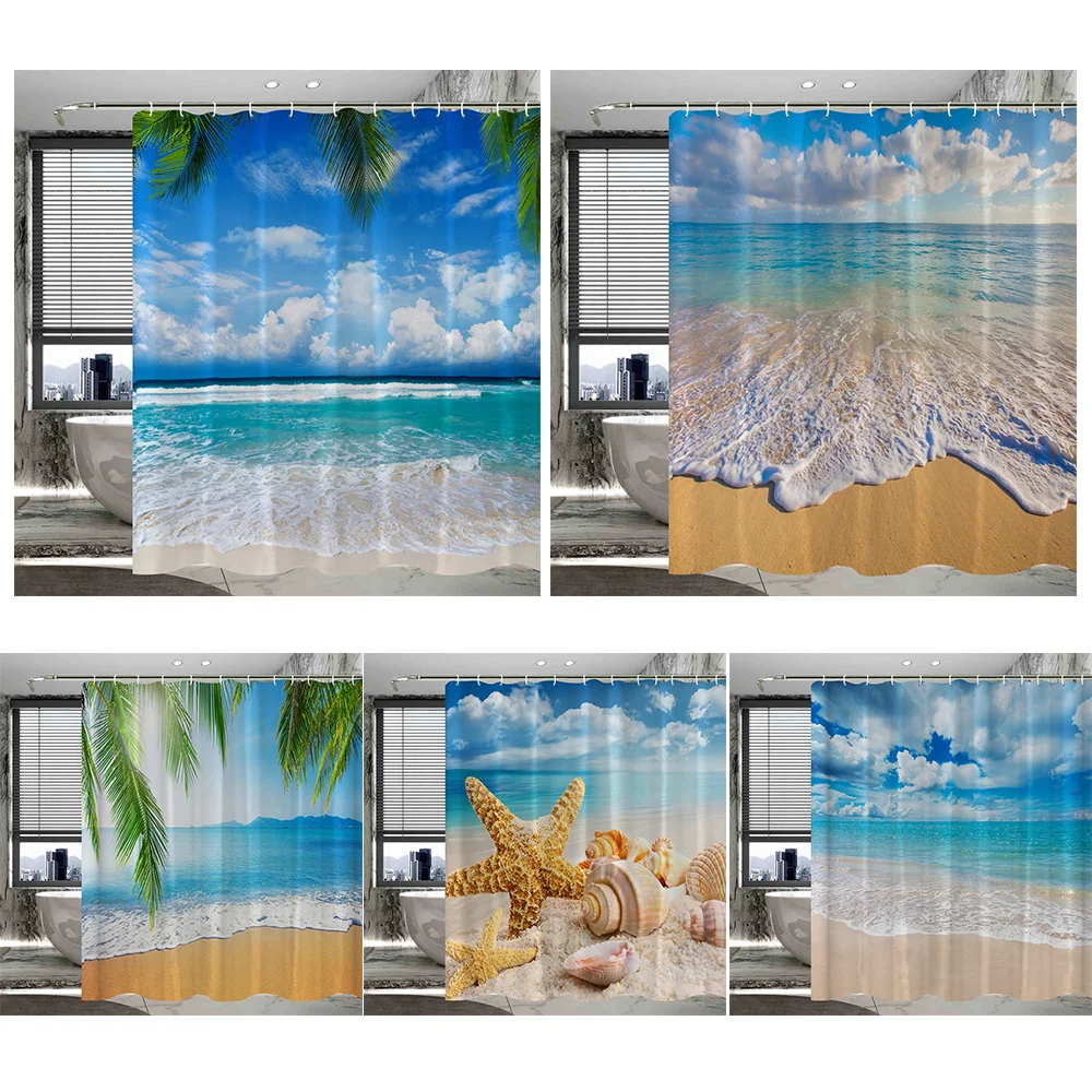 

Beach Tropical Blue Sky Ocean Fabric Shower Curtain Wave Beach Conch Seashell Starfish Island Palm Tree Bathroom Decor Partition