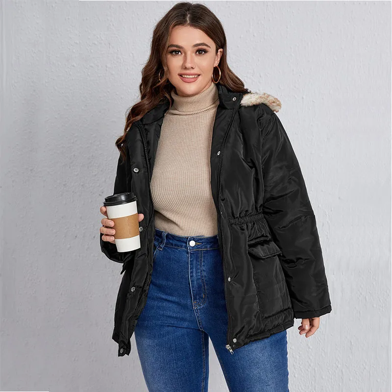 Winter Flap Pocket Button Front Plush Trim Hooded Jacket Black Solid Loose Waist Plus Women's Plus Size Parka Padded Jacket
Winter Flap Pocket Button Front Plush Trim Hooded Jacket Black Solid Loose Waist Plus Women's Plus Size Parka Padded Jacket