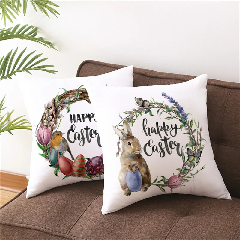

Happy Easter Word Pillow Cover Cute Bunny Cushion Cover Garland Print Pillowcase