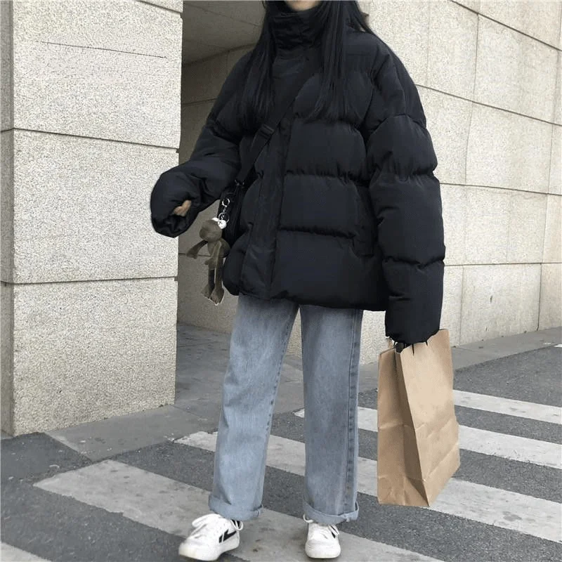 

2021oversized Puffer Jacket Female Hooded Loose Korean Bubble Coat Winter Warm Thick Short Parkas Mujer Women Snow Wear Outwear