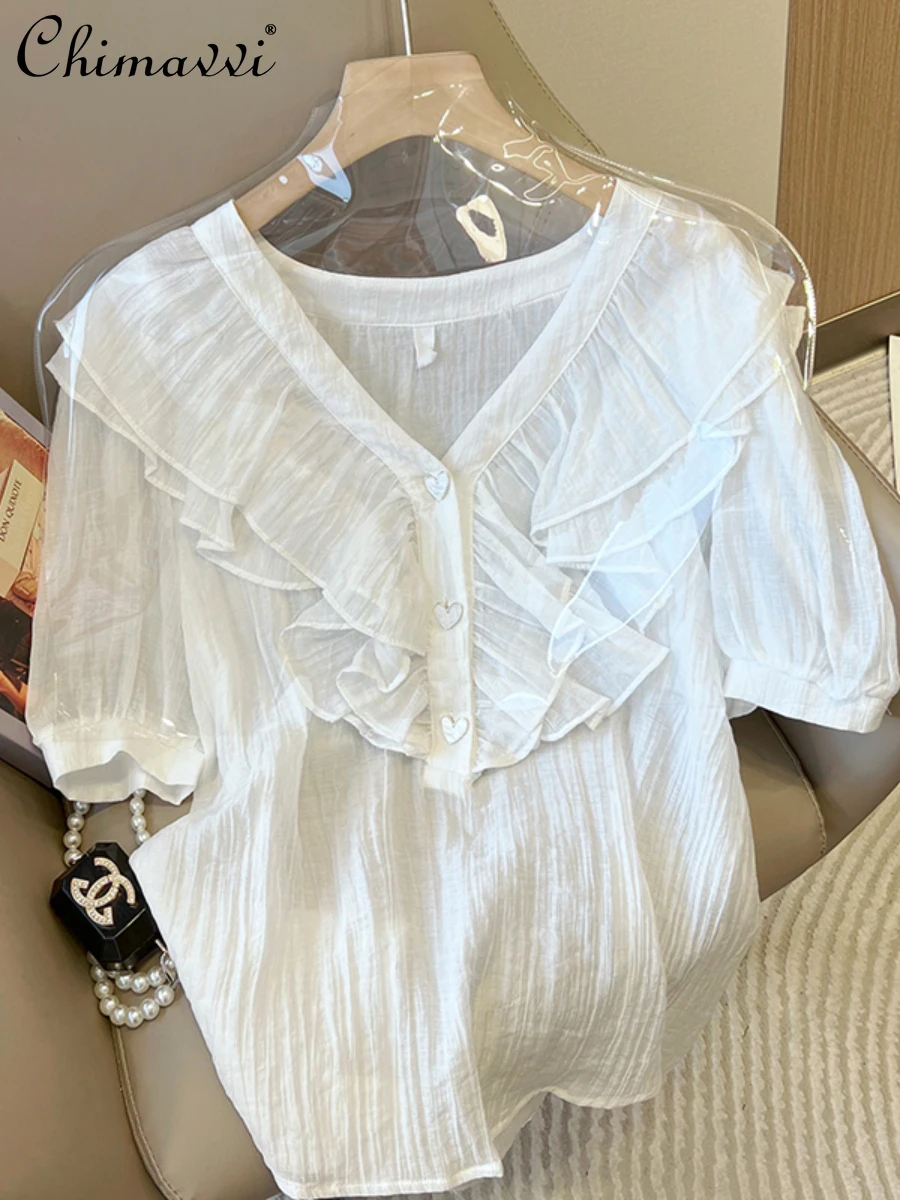 Women's Love Button Chiffon Shirts 2022 Summer New Fashion Double Lotus Leaf Polo Collar Short Loose Temperament Sweet Blouse
Women's Love Button Chiffon Shirts 2022 Summer New Fashion Double Lotus Leaf Polo Collar Short Loose Temperament Sweet Blouse