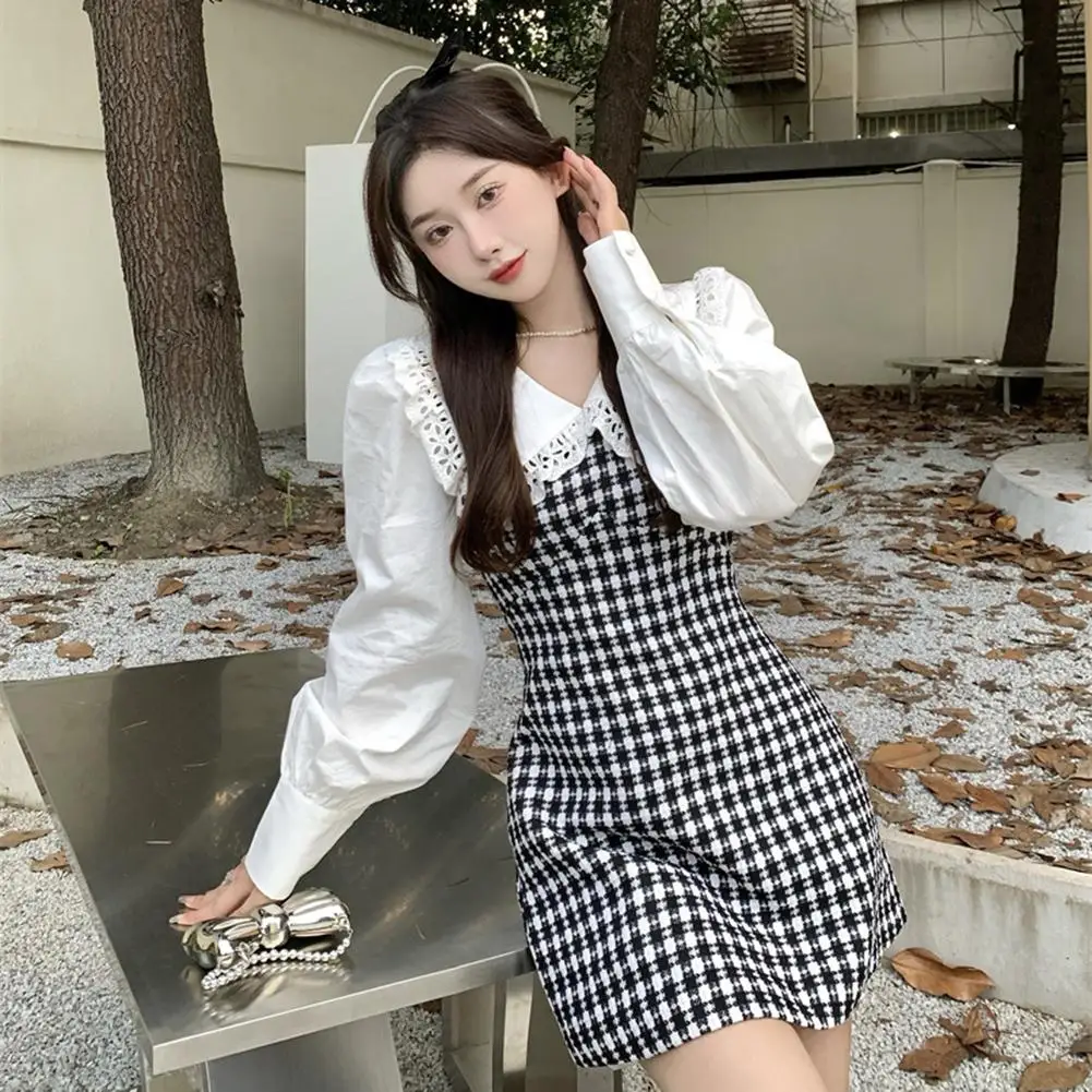 Women Two Pieces Stitching Plaid Dress OL Lady Lapel Collar Temperament Lanterns Sleeve Pullover High Waist Short A-line Dresses
Women Two Pieces Stitching Plaid Dress OL Lady Lapel Collar Temperament Lanterns Sleeve Pullover High Waist Short A-line Dresses
