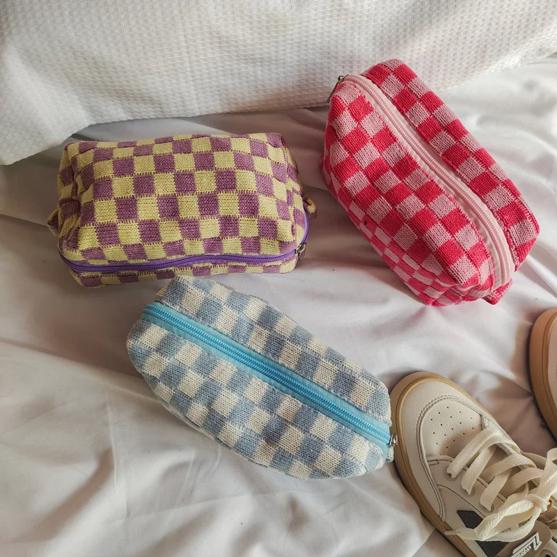 

Checkerboard Lattice Makeup Bag Knitted Fabric Women Cosmetic Organizer Zipper Beauty Pouch Wrist Make Up Pouch Toiletry Case