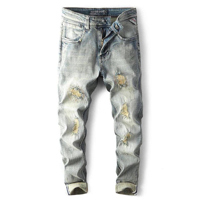 Men's Stretchy Ripped Skinny Biker Embroidery Print Jeans Destroyed Hole Taped Slim Fit Denim Scratched High Quality Male Jean 
Men's Stretchy Ripped Skinny Biker Embroidery Print Jeans Destroyed Hole Taped Slim Fit Denim Scratched High Quality Male Jean