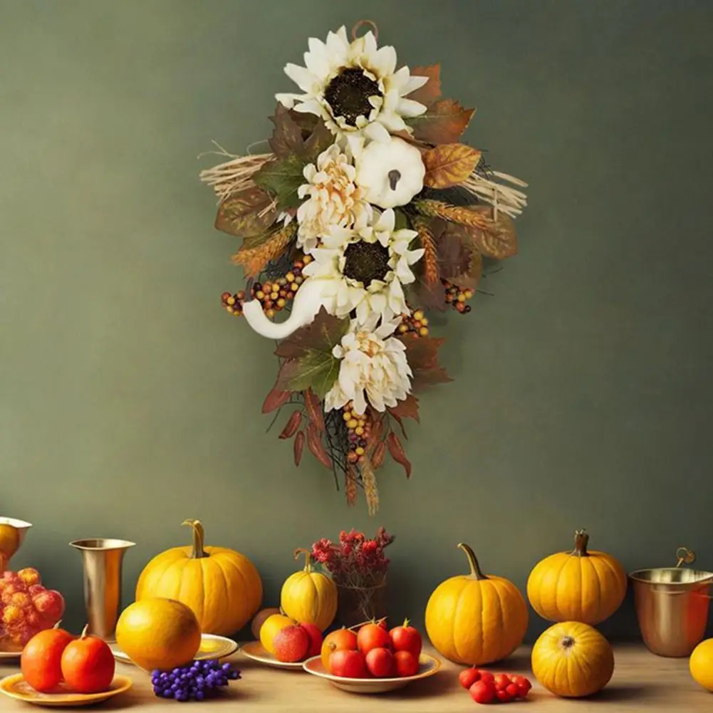 

Harvest Festival Decoration Autumn Harvest Decor White Sunflower Pumpkin Maple Leaves Berry Wreath Indoor Outdoor Wall for Fall