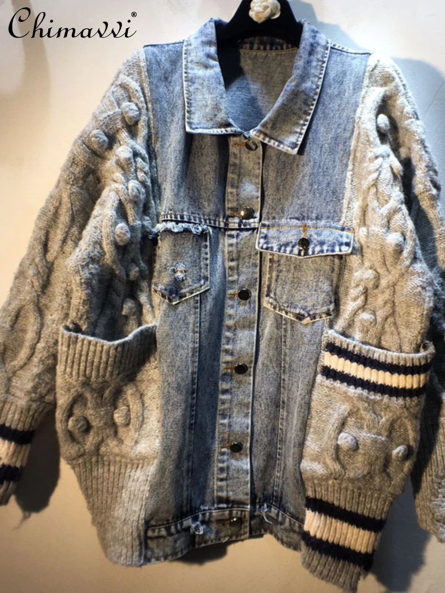European Autumn Fashion Wash Denim Stitching Thick Thread Twisted Woolen Yarn Coat Loose Slim Long Sleeves Cardigan Jacket Women
European Autumn Fashion Wash Denim Stitching Thick Thread Twisted Woolen Yarn Coat Loose Slim Long Sleeves Cardigan Jacket Women