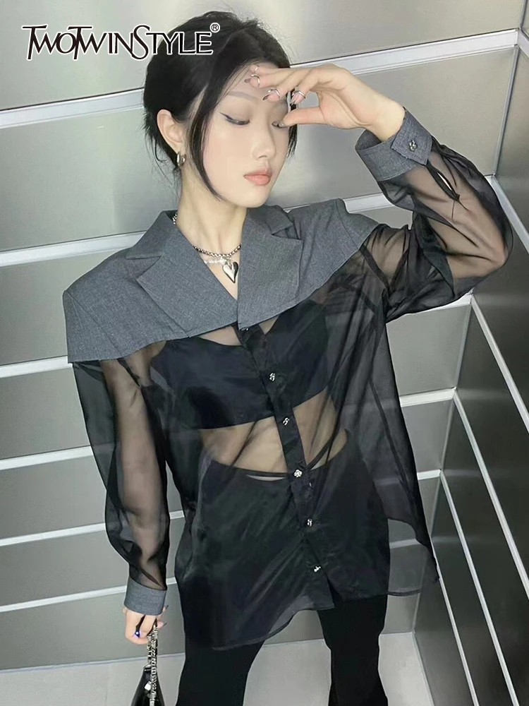 TWOTWINSTYLE Sexy Black Sheer Shirt For Female Notched Collar Long Sleeve Solid Fashion Women Blouses 2022 Summer Clothing Style
TWOTWINSTYLE Sexy Black Sheer Shirt For Female Notched Collar Long Sleeve Solid Fashion Women Blouses 2022 Summer Clothing Style