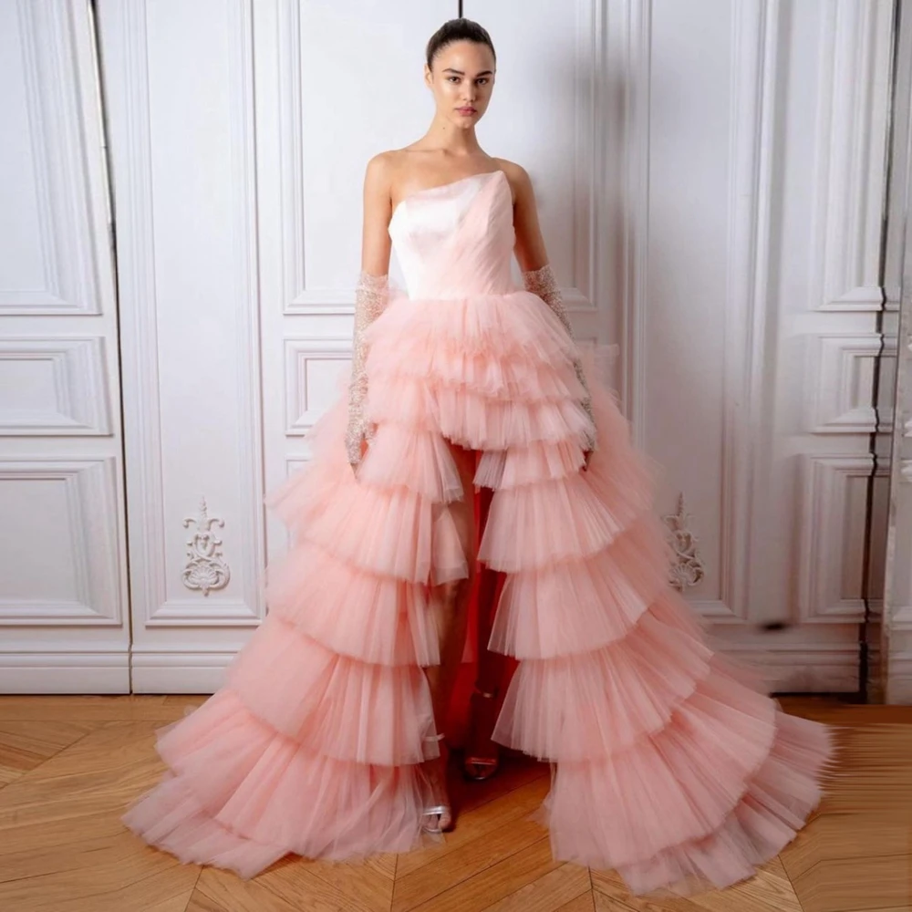 

Женское вечернее платье без бретелек, розовое элегантное многослойное бальное платье из тюля с оборками, женская одежда на заказ для выпускного вечера