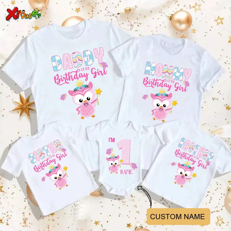 

Birthday T Shirt Matching Family Outfits Lovable Owl Printing TShirts Kids Party Custom Name T-Shirt Clothes Family Look 2023
