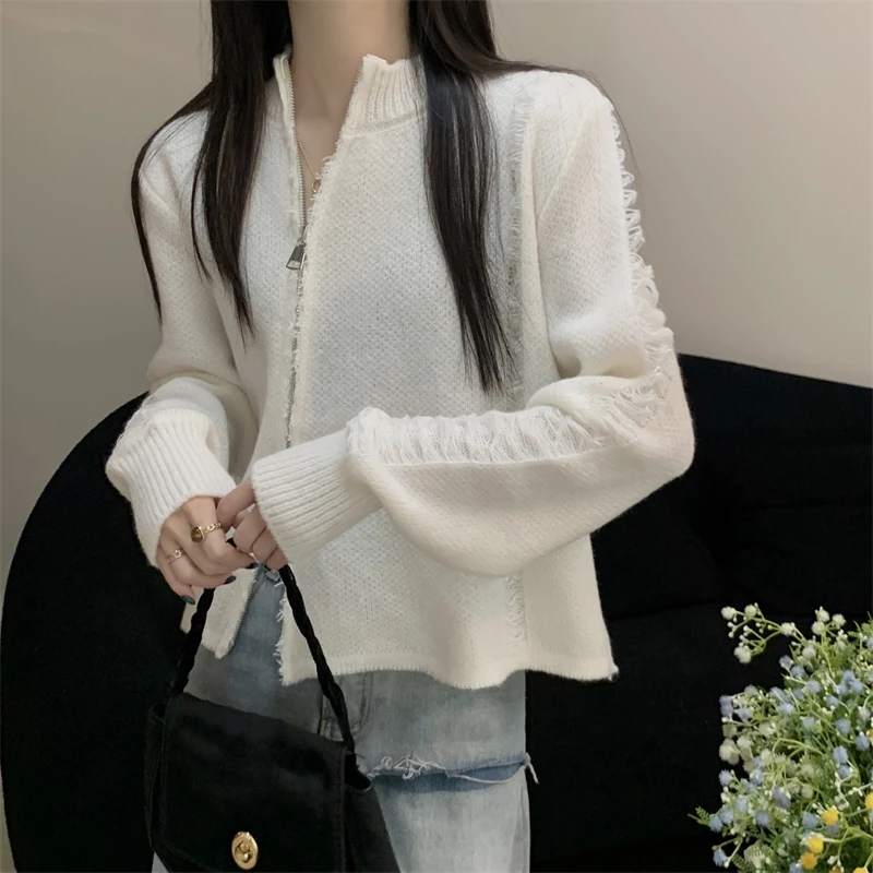 

Lazy Style Design Feeling Sweater Women's Autumn/Winter New Double Zipper Knitted Cardigan Short Loose Fitting Age Reducing Top