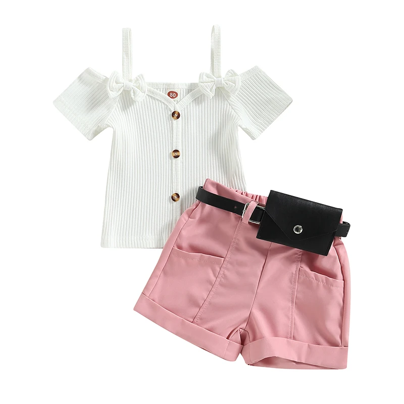 Girls Shorts Set Summer Toddler Baby Short Sleeve V Neck T-shirt with Rolled Hem Shorts and Waist Bag Casual Infant Outfits
Girls Shorts Set Summer Toddler Baby Short Sleeve V Neck T-shirt with Rolled Hem Shorts and Waist Bag Casual Infant Outfits