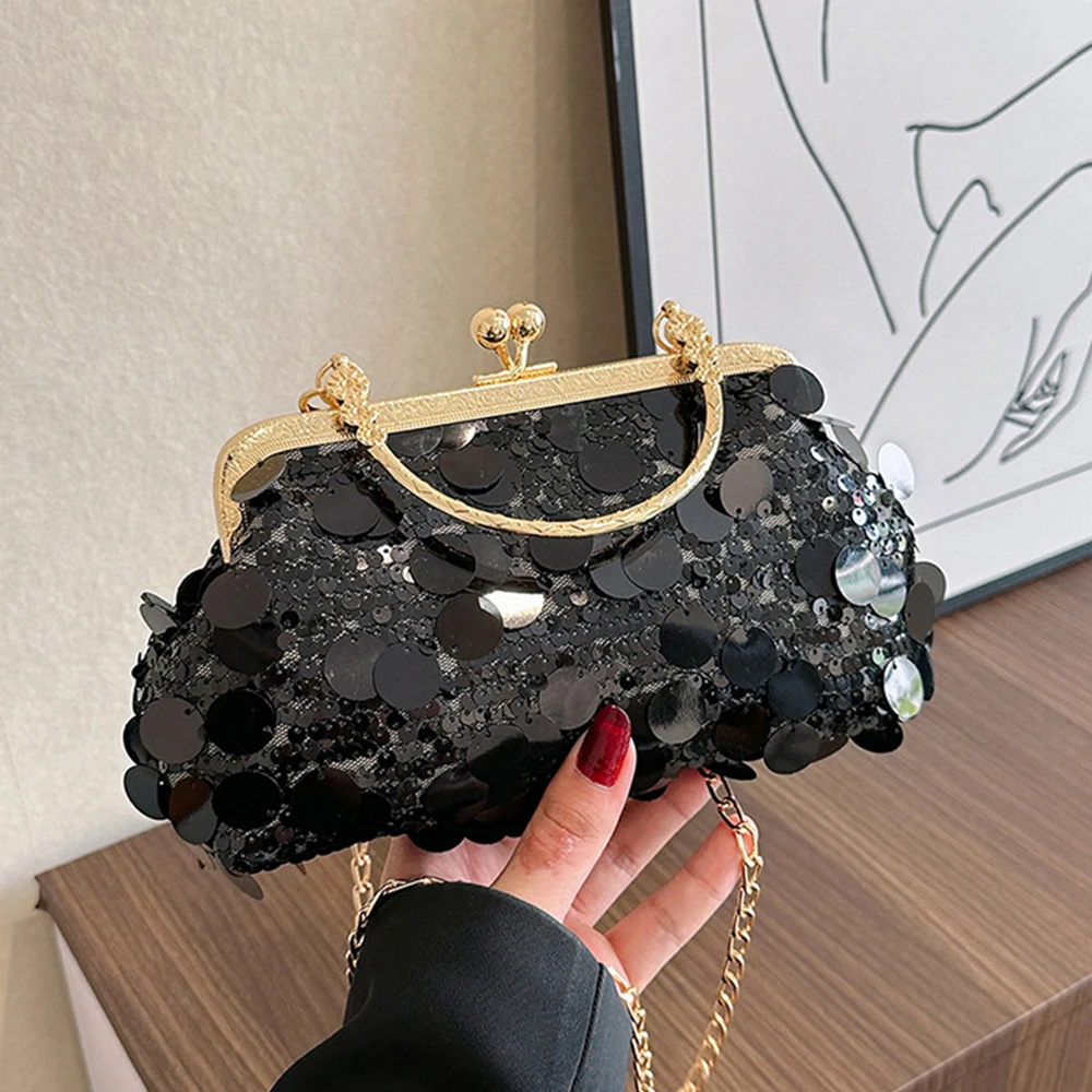 

Metal Frame Women Handbags Fashion Sequins Clip Bag Wedding Evening Bags for Women Chains Shoulder Crossbody Bag Kisslock Purses