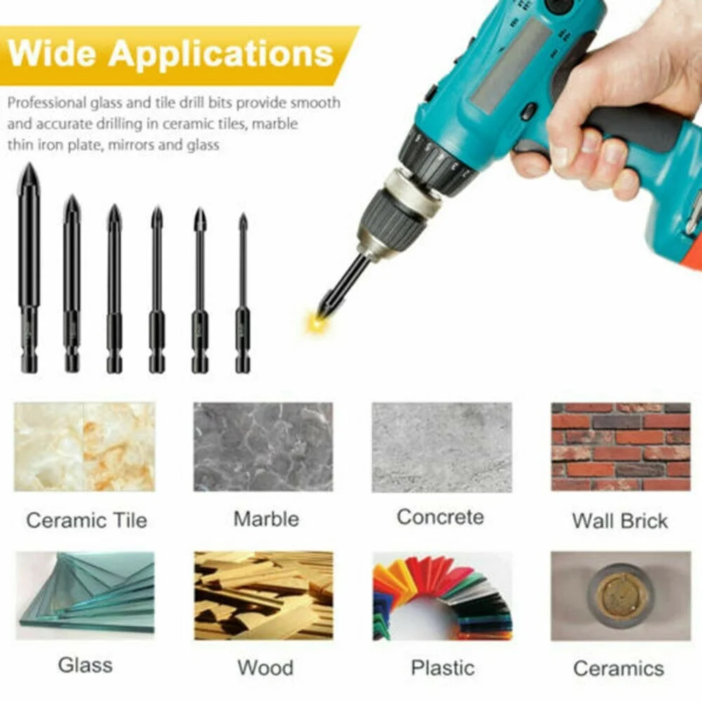 

Glass Drill Bit Set Alloy Carbide Point Cutting Edges Tile Glass Cross Hex Tile Bits Spear Head Drill Bits 3-12mm Woodworking
