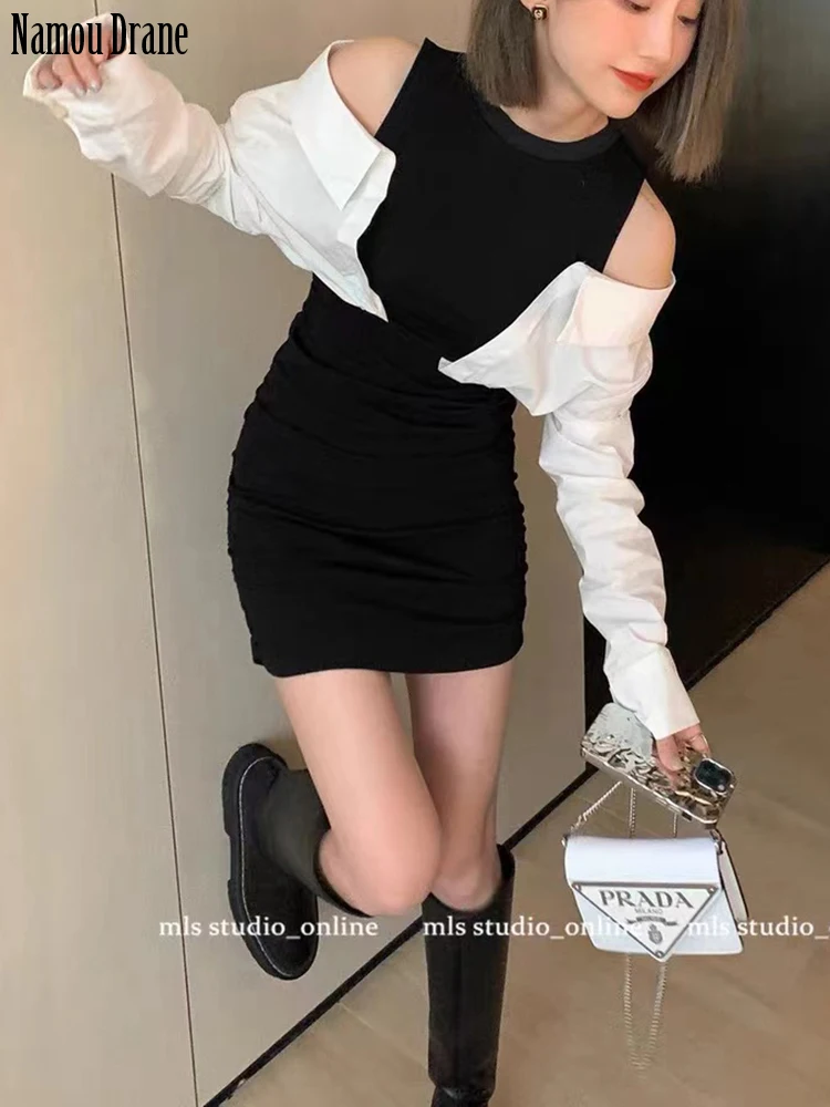 

2022 Senior Sense French Shoulder Splicing Dress Women's New Summer Black and White Fake Two Bags Buttock Temperament Skirt