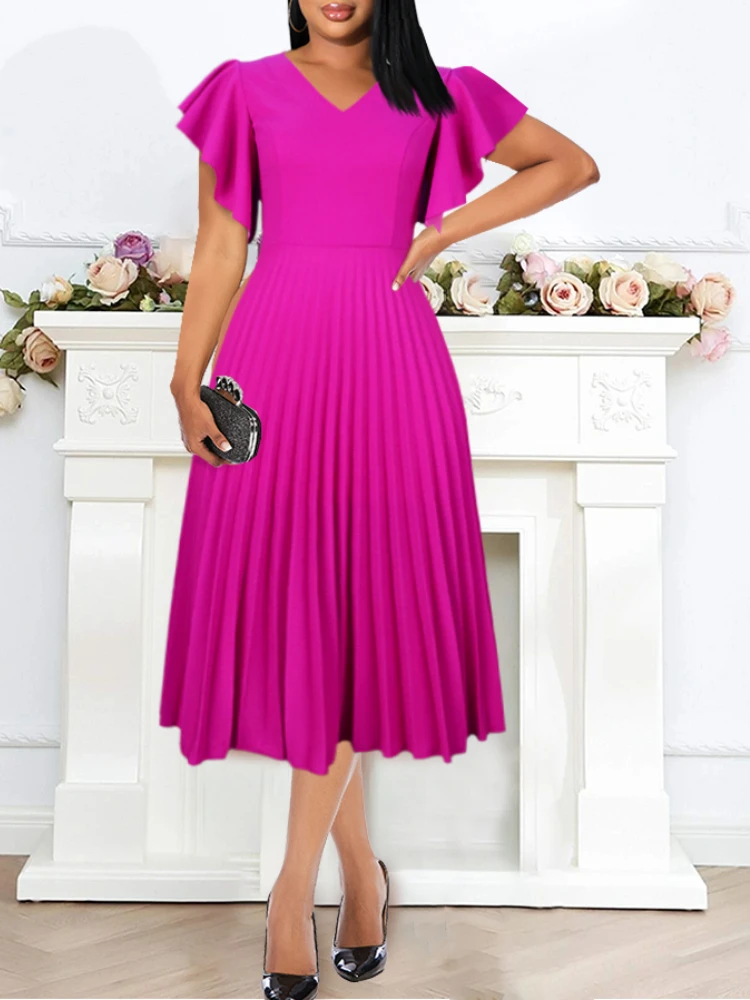 Women Pleated Midi Dresses Short Sleeve Ruffles V Neck Elegant A Line Spring Summer Chic Fashion Gown Event Party Birthday Robes
Women Pleated Midi Dresses Short Sleeve Ruffles V Neck Elegant A Line Spring Summer Chic Fashion Gown Event Party Birthday Robes