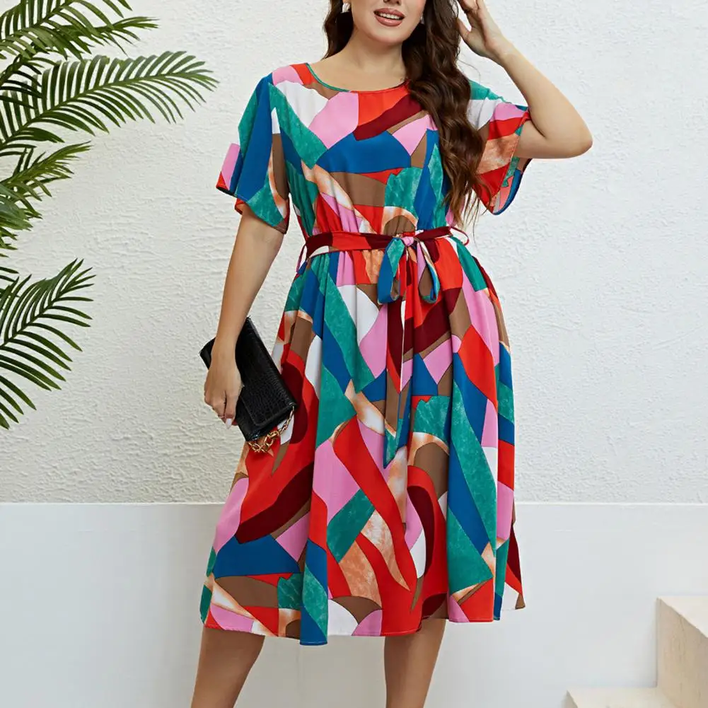 

Round Neck A-line Dress Colorblock Midi Dress with Belted Waist A-line Silhouette for Women's Dating Party A-line Silhouette