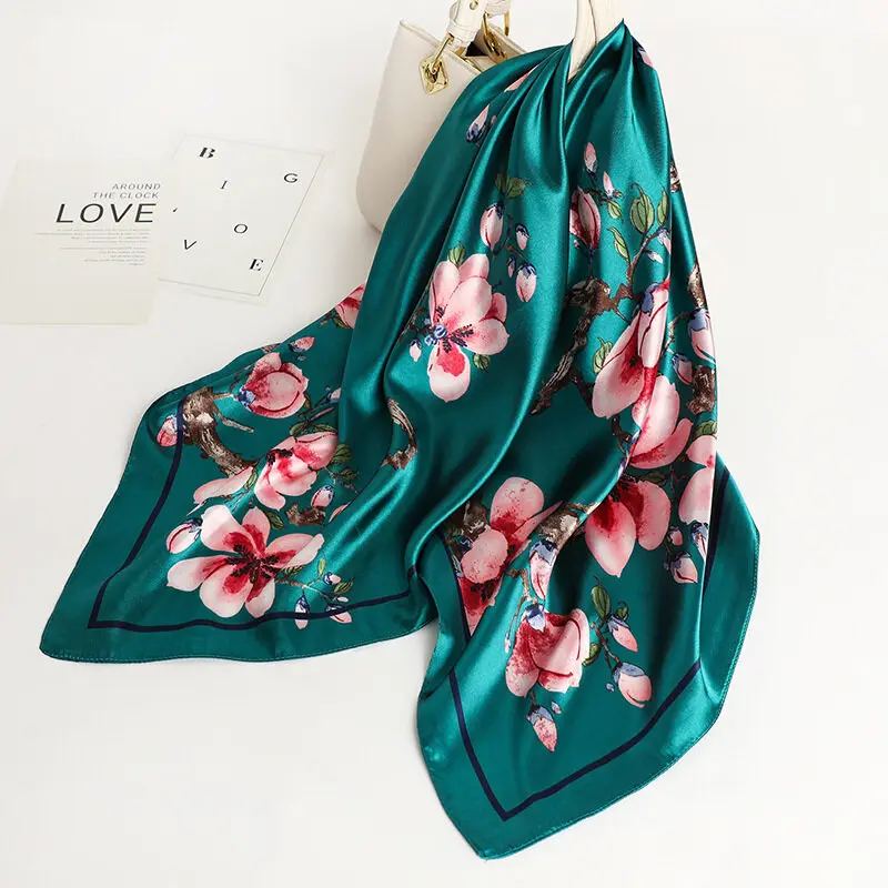 

Large Hijab Scarfs For Ladies Square Shawls Wraps Silk Satin Bandana Head Women Scarves 90x90cm Floral Print Hairband Neck Scarf