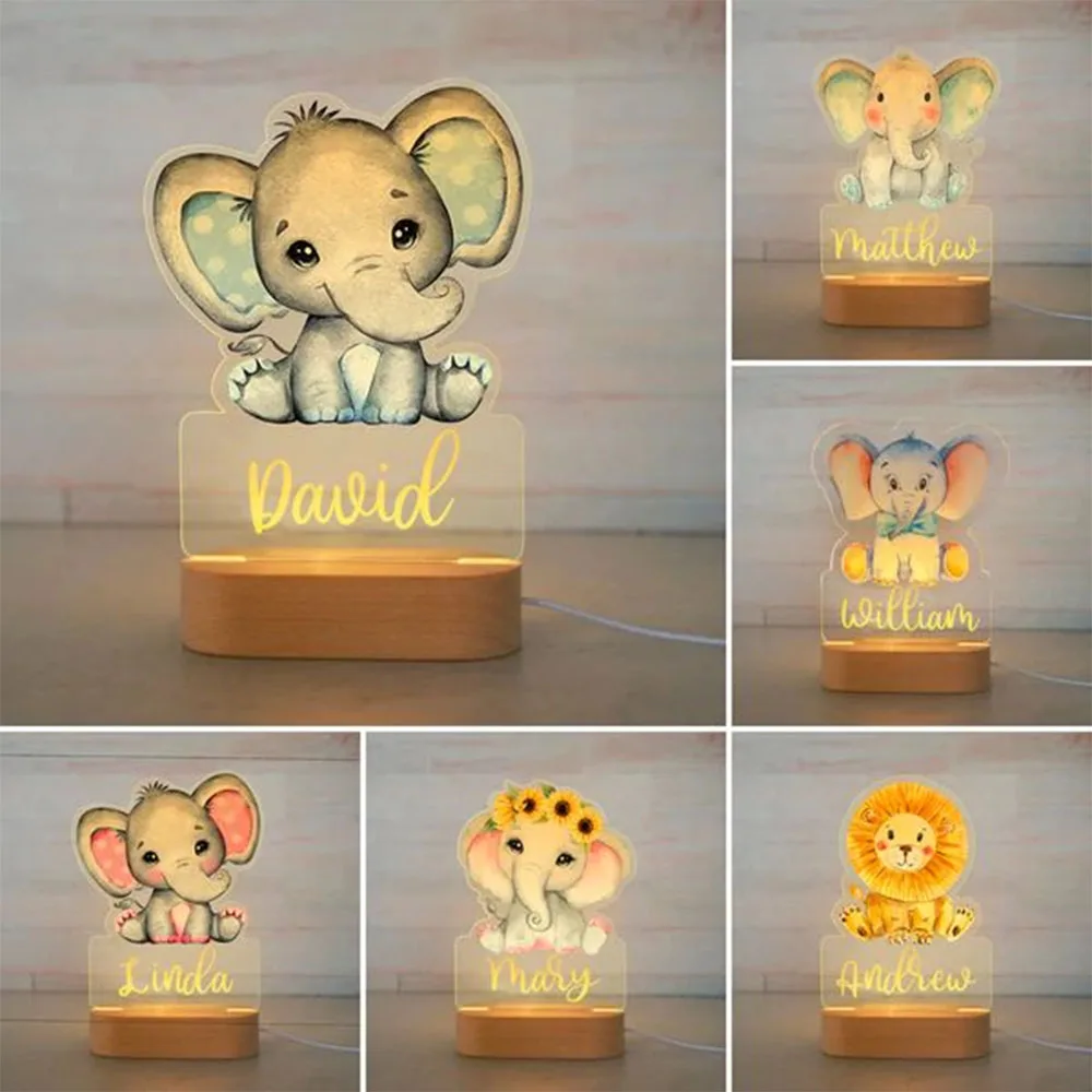 Personalized Baby Elephant Lion LED Night Light USB 7 Colors Custom Name Cartoon Acrylic Lamp for Baby Boys Home Decoration
Personalized Baby Elephant Lion LED Night Light USB 7 Colors Custom Name Cartoon Acrylic Lamp for Baby Boys Home Decoration