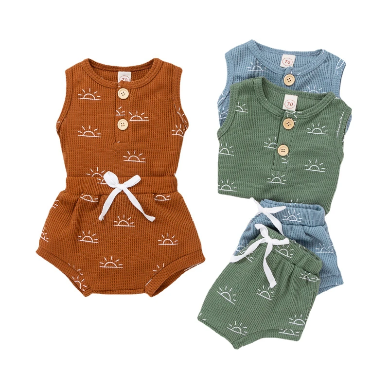 Casual Summer Newborn Suit Baby Boys Girls Sun print Waffle Ribbed Tank Romper Top Shorts Tops+Shorts 2Pcs Kids Tracksuits
Casual Summer Newborn Suit Baby Boys Girls Sun print Waffle Ribbed Tank Romper Top Shorts Tops+Shorts 2Pcs Kids Tracksuits