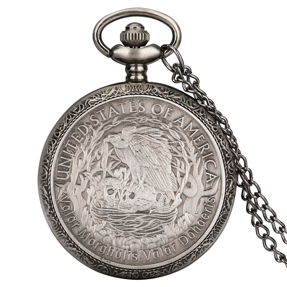 

Steampunk Cool U.S Commemorative Coins Display Quartz Necklace Watch Men Women Vintage Chain Pendant Arabic Numerals Dial Clock